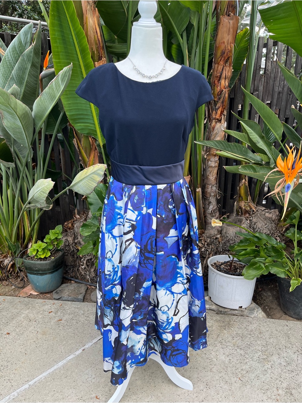 Theia Navy Bodice with Blue Floral Midi Skirt (Reposhing)